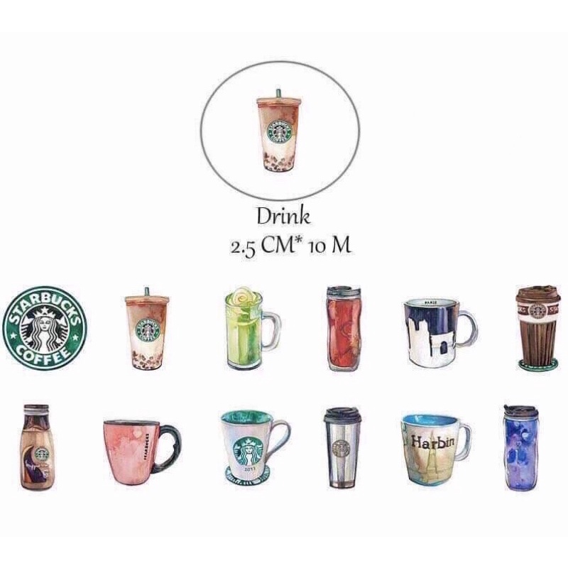 (Chiết theo chu kỳ) Băng dính washi tape hoạ tiết chủ đề Starbucks