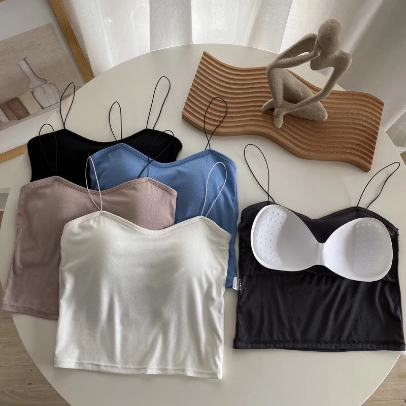 Áo Bra 2 Dây Có Mút Ngực Sợi Bún Siêu Mảnh, Bra mặc áo tanktop Cotton Dán Lửng Bra03