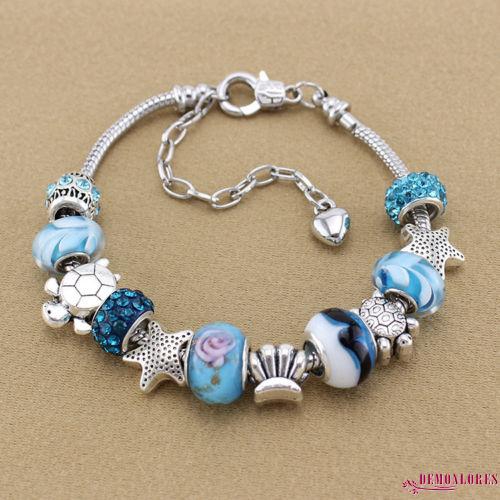 Vòng tay mạ bạc mặt trái tim đính đá pha lê màu xanh dương thời trang