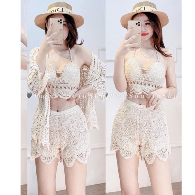 Set biển mới - set 3 món - áo bra dây chéo ngực sexy + quần ren + choàng ren zic zắc (có tách rời)