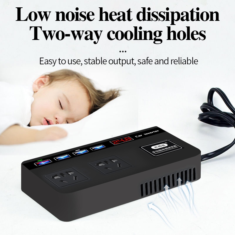 Tẩu Sạc Nhanh 200W DC12V/24V Sang 220V Bộ chuyển điện QC3.0 USB*4+Socket*2 Chuyên Dụng Cho Xe Hơi/Xe Tải/Xe Tải