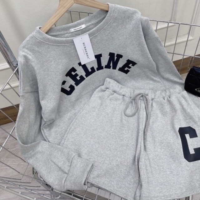 Set Bộ Chữ C Áo Dài Tay Quần Sooc Đùi Chất Bozip Màu Xám