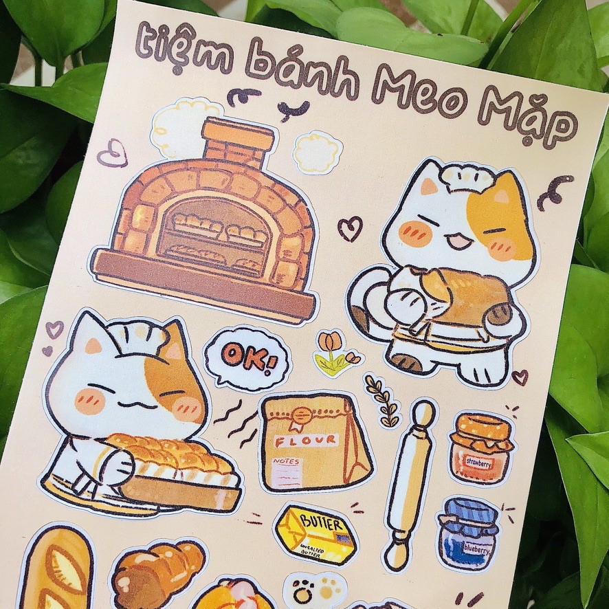 Bộ sticker/hình dán Tiệm Bánh Mì Mèo Mập - trang trí bullet journal,planner,sổ - tiemtaphoacona