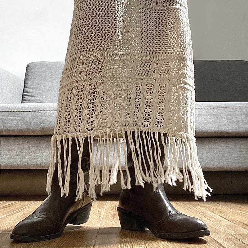 Chân váy maxi KLIOU dệt kim lưng cao ôm dáng phối tua rua phong cách bohemian 2023 mùa hè mới dành cho nữ