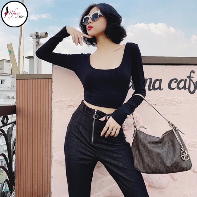 Áo Croptop Nữ Cổ Vuông Tay Dài Ôm Body Chất Thun Màu Đen Freesize  "CỔ VUÔNG TAY DÀI"