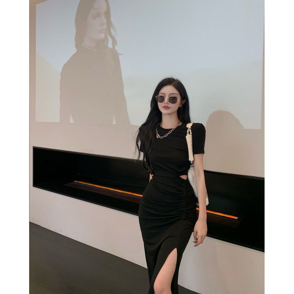 Đầm dài xẻ tà nhấn eo độc đáo thiết kế xếp ly phong cách Hàn Quốc thời trang mùa hè cho nữ 2021