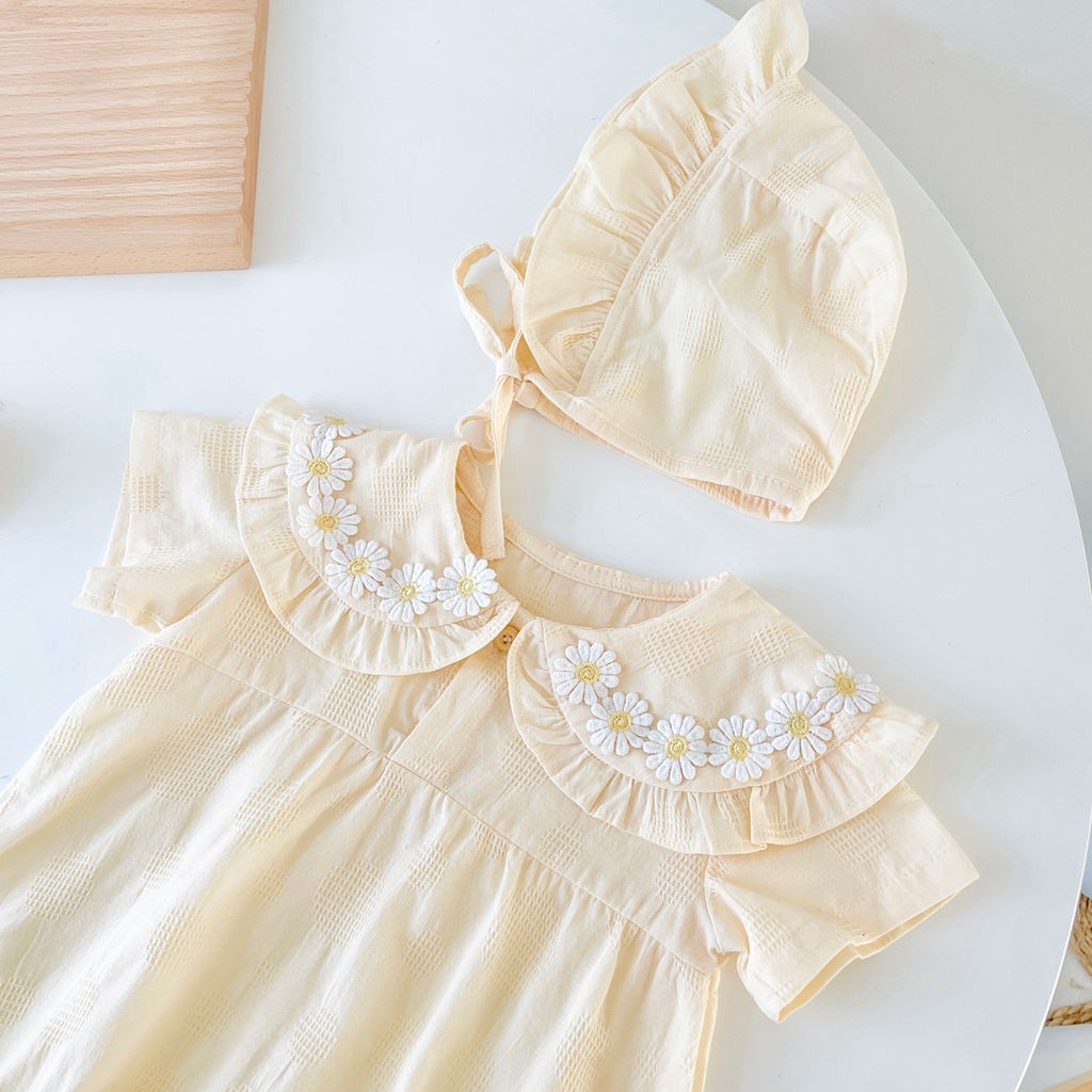 Áo liền quần SANLUTOZ tay ngắn cotton trang trí hoa có mũ trùm đầu dễ thương kiểu công chúa mùa hè cho bé gái sơ sinh