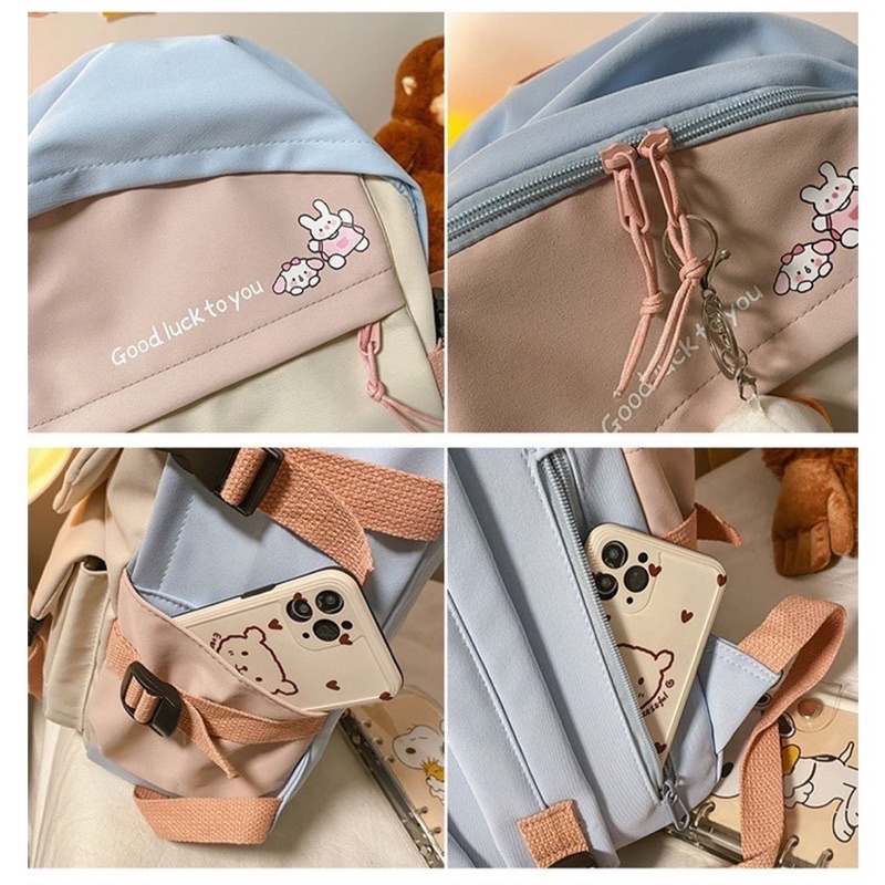 Balo Quảng Châu Guofei 2 Túi Phối Màu Pastel Chất Vải Chống Thấm 2810 Shop Cặp Nữ Đi Học Thời Trang (Tặng Móc Vịt Cute)