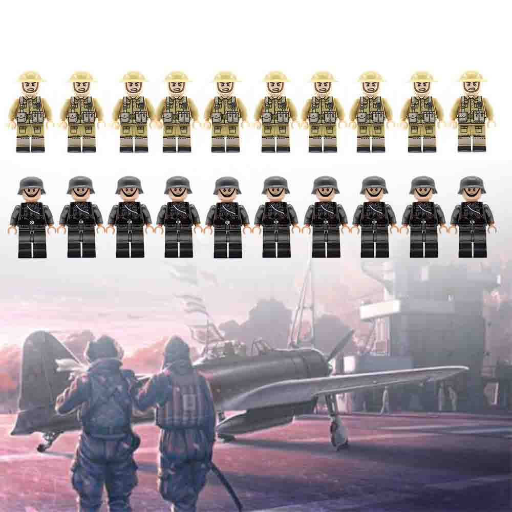 WWII GERMAN v BRITISH Soldiers + Weapons Mini Figures WW2 Military Set Fit Lego