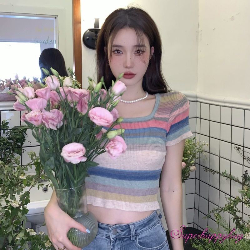 Áo Dệt Kim Ngắn Tay Cổ Vuông Ôm Dáng Họa Tiết Kẻ Sọc Nhiều Màu Sắc Cho Nữ