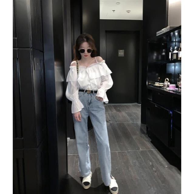 Áo Kiểu Nữ White Off-Shoulder Shirt Women's Flared Long-sleeve Korean Fashion Blouse New