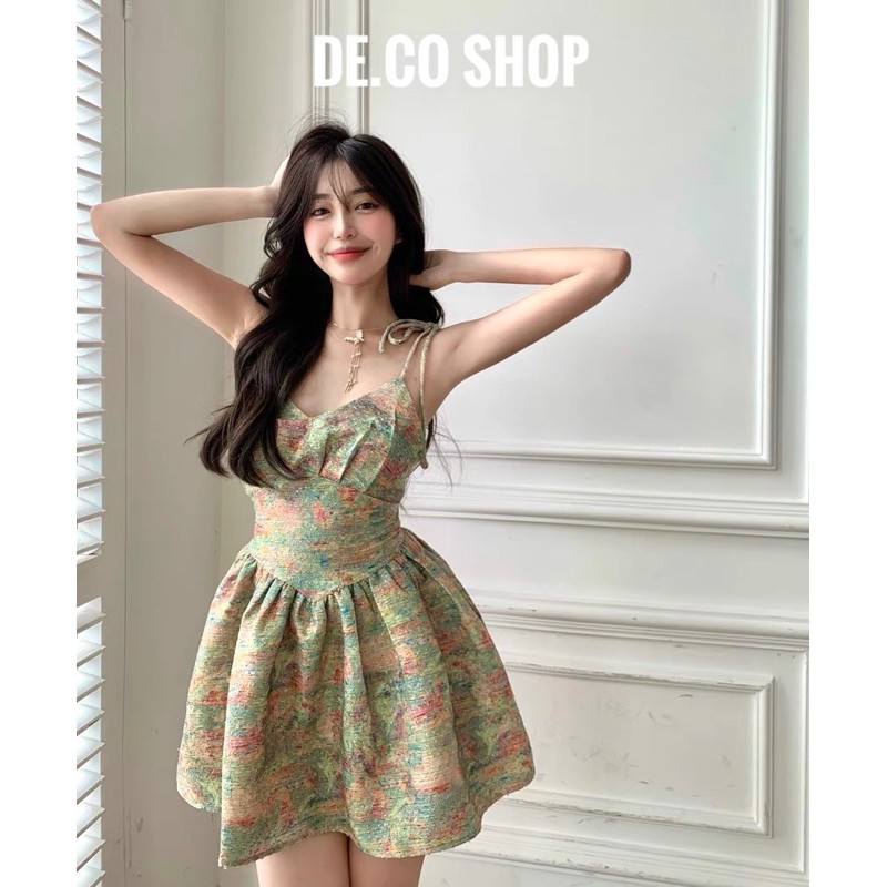 Váy 2 Dây Hoạ Tiết Sơn Dầu Phong Cách Retro -FREESHIP-Hàng Quảng Châu Cao Cấp-V22-Váy xoè đi chơi đi tiệc sang trọng