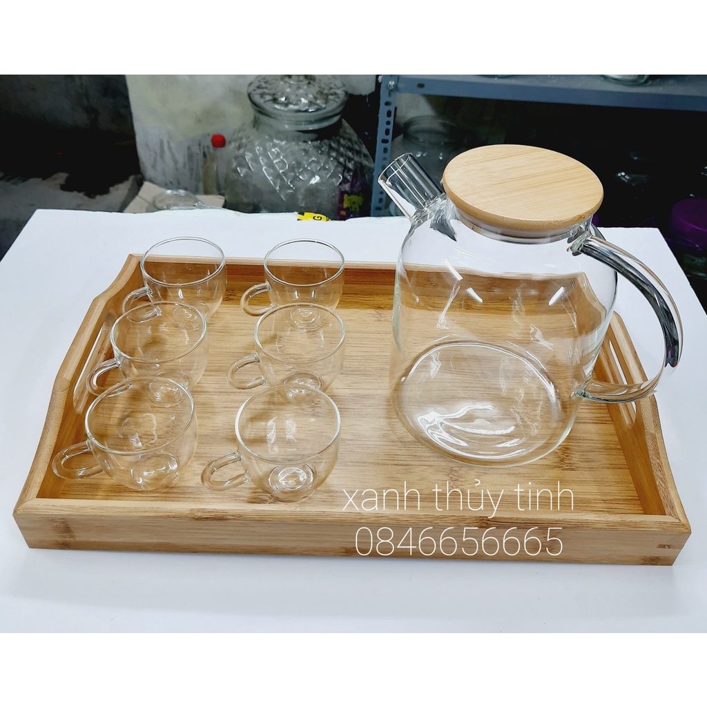 Bộ ấm trà thủy tinh chịu nhiệt cao, ấm nắp gỗ dung tích 1600ml-AT17.1