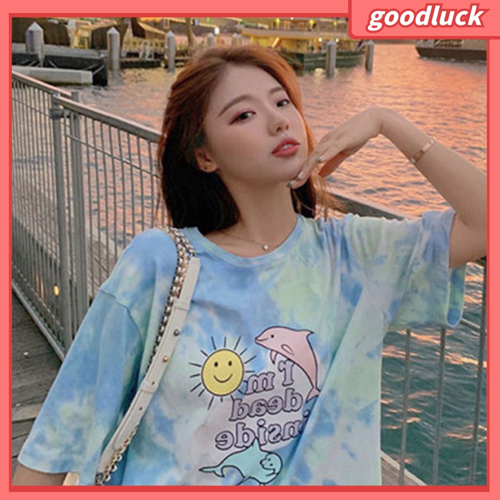 Áo thun tay ngắn nữ Cổ Tròn Tay Ngắn Phối Màu In Hoa