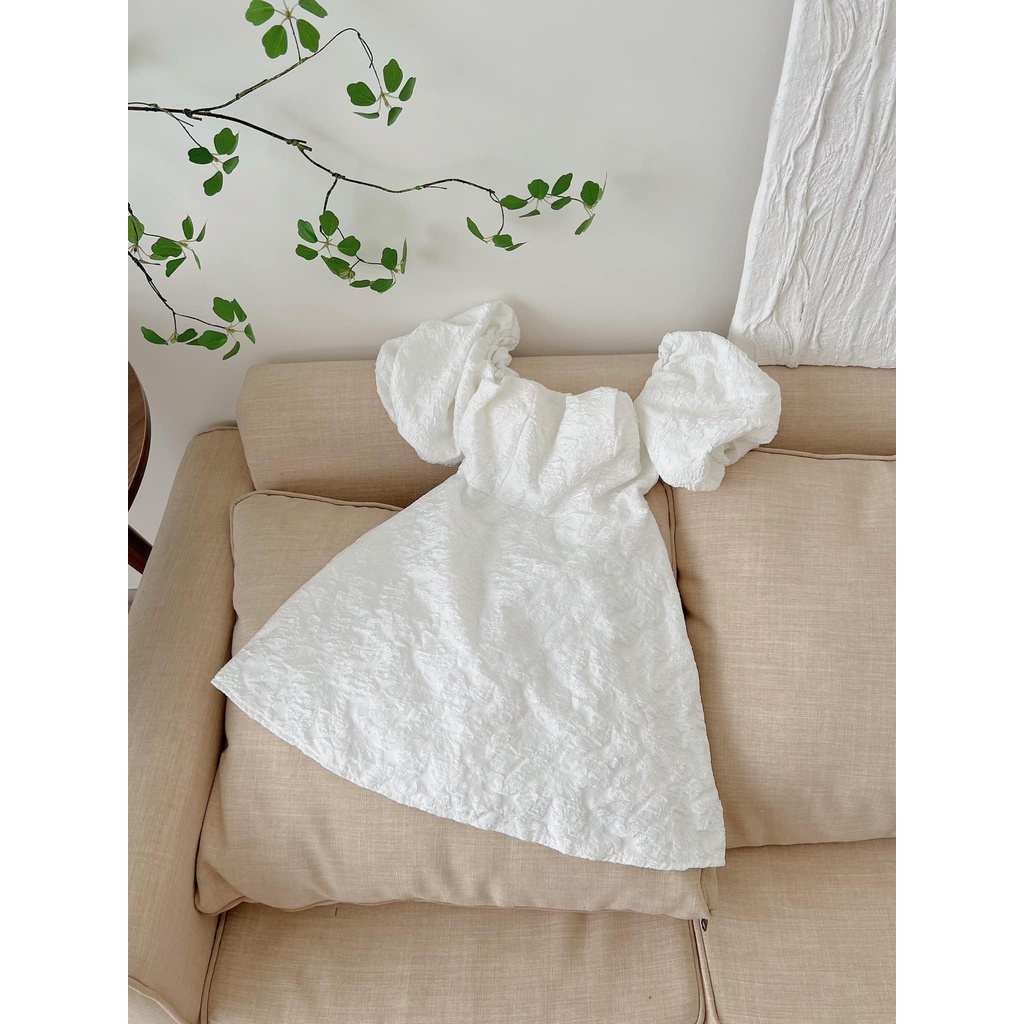 Váy Đầm Hoa Nổi Tay Bồng Trễ Vai Tiểu Thư Sang Chảnh Dự Tiệc Sẵn Mút Ngực, Váy Cúp Ngực