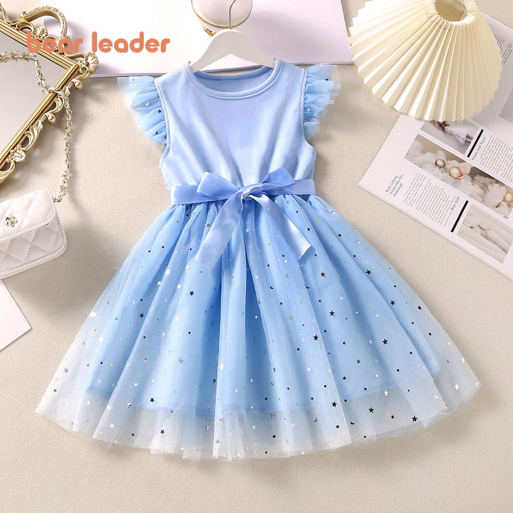 BEAR LEADER Đầm Công Chúa Phối Lưới Đính Nơ Thời Trang Mùa Hè Xinh Xắn Cho Bé Gái
