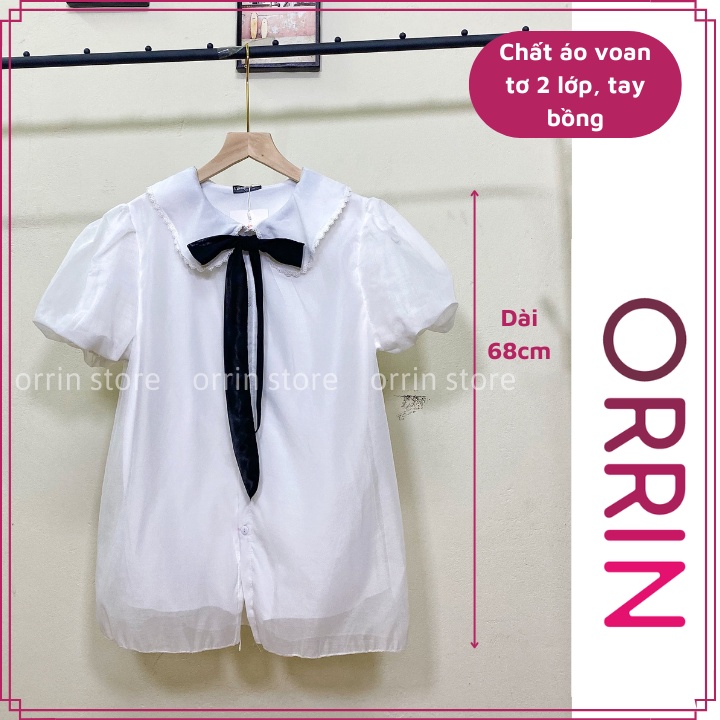 Áo babydoll voan cổ bèo viền ren thắt nơ dáng xòe, áo sơ mi kiểu nữ