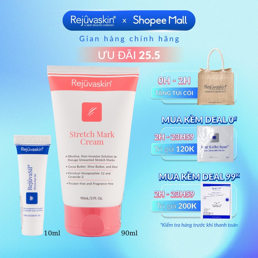 Combo chăm sóc da Rejuvaskin làm xẹp sẹo lồi, sẹo phì đại Silicone Rejuvasil Gel 10ml và làm mờ vết rạn da 90ml