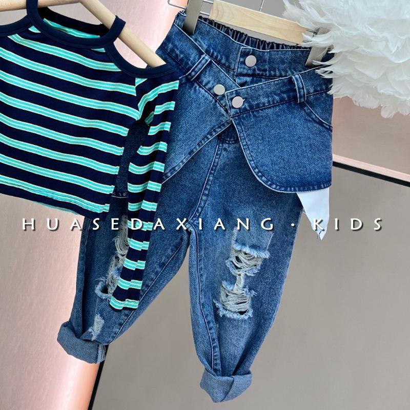 Áo Thun Tay Dài Hở Vai Họa Tiết Kẻ Sọc Thời Trang Mùa Thu Phong Cách Hàn Quốc Cho Bé Gái