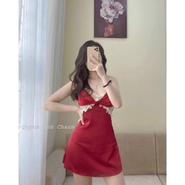 VN20 váy ngủ đầm ngủ lụa ren xoắn ngực