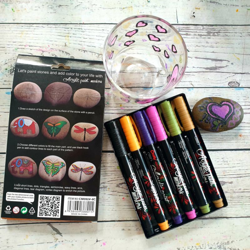 Bộ 6 màu dạ Acrylic Paint Marker, màu vẽ sỏi đá cuội và nhiều chất liệu