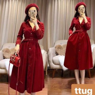 Váy nhung cài cúc cổ bẻ kèm đai