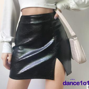 Chân váy da PU lưng cao màu trơn thiết kế xẻ tà thời trang quyến rũ cho nữ