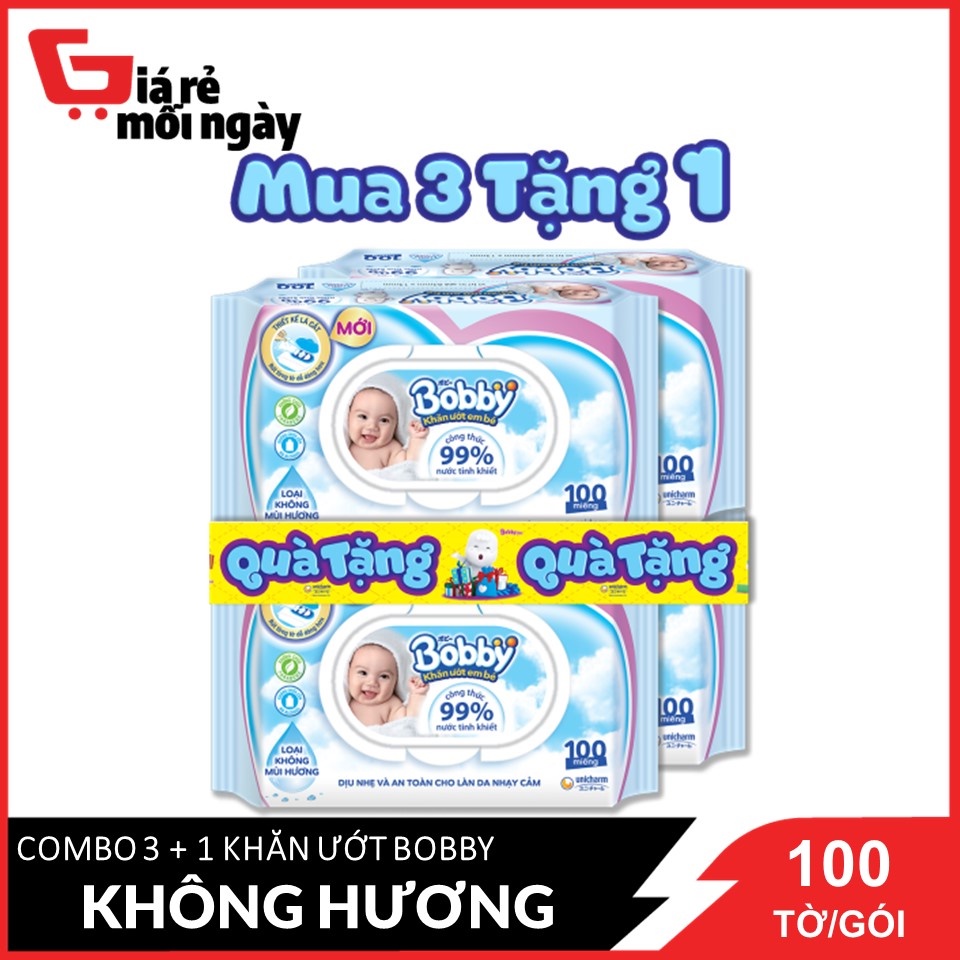 Combo Tiết Kiệm 3 Gói Khăn Ướt Bobby Care Không Hương 100 Tờ/Gói - Tặng 1 Gói Cùng Loại