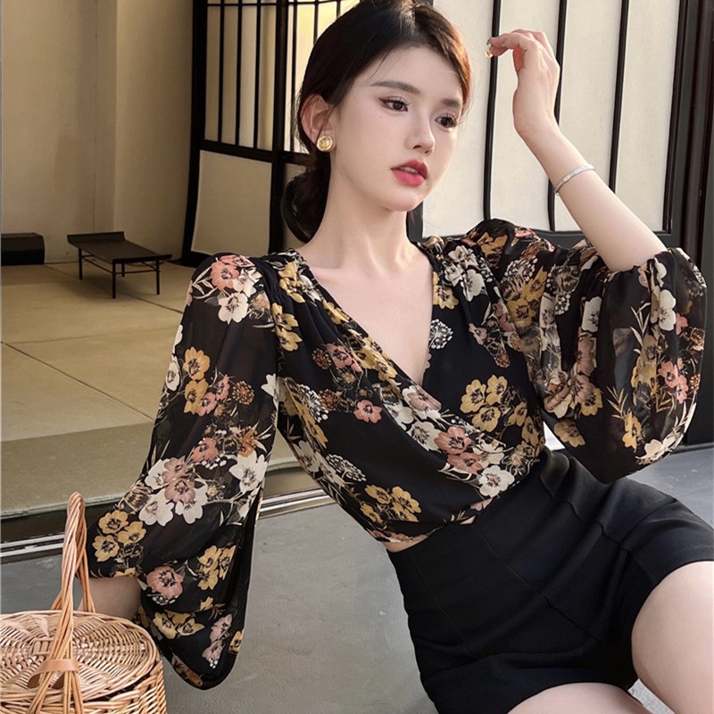 Áo Chiffon Ngắn Tay Phồng In Họa Tiết Thời Trang Mùa Hè Quyến Rũ Cho Nữ
