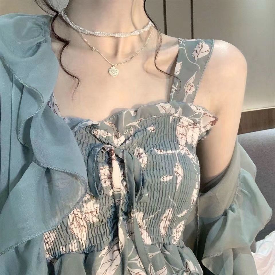 Đầm Voan Hai Dây Nhún Bèo Họa Tiết Hoa Phong Cách retro Pháp Nữ Tính