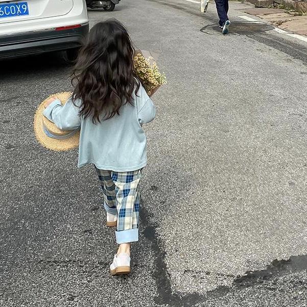 Quần dài lưng thun ống rộng họa tiết sọc caro phong cách Hàn quốc