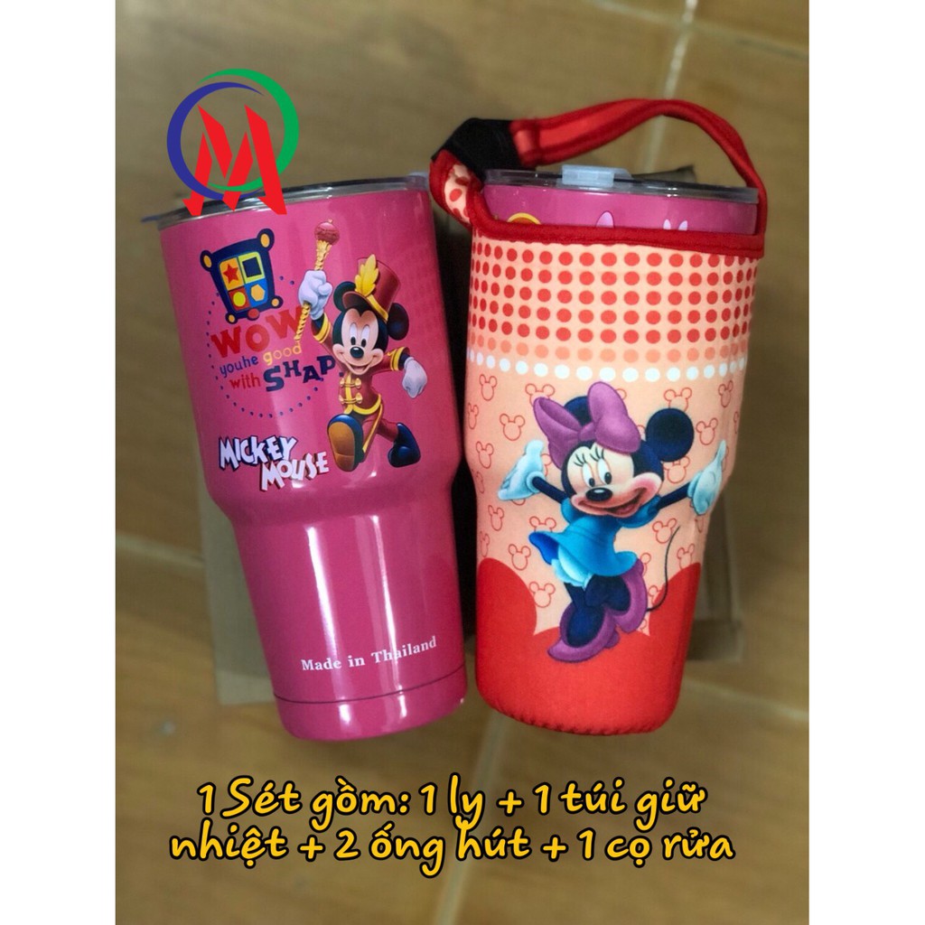 Ly giữ nhiệt 900ML hình Micky hồng (Kèm túi xách + ống hút + cọ)