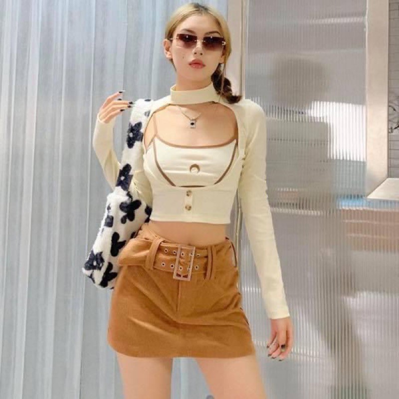 Set Áo kiểu croptop nữ phối tay dài ôm body khoét ngực in hình thêu - order taobao quảng châu