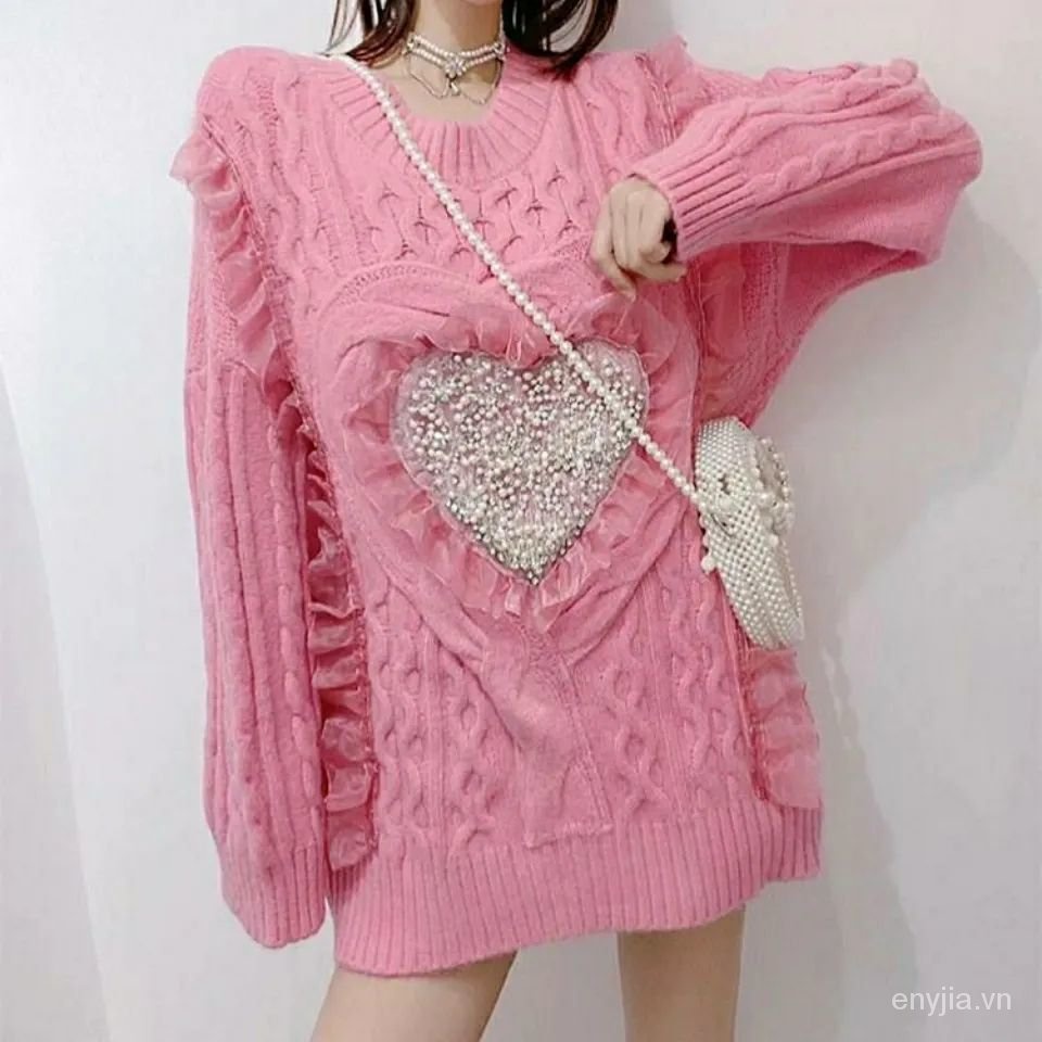 Áo sweater dệt kim đính hạt phối ren mẫu mới năm 2021 thời trang thu đông