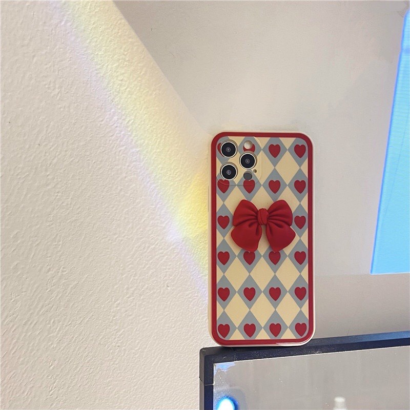 Ốp lưng iphone hình trái tim gắn nơ nổi T10 dẻo viền vuông bảo vệ camera 7plus/8plus/x/xs/xsmax/11/12/13/14/pro/promax
