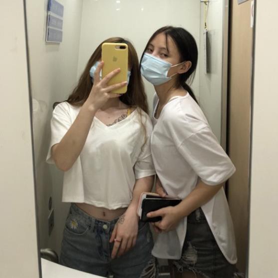 Áo croptop nữ tay ngắn cổ tim form rộng,  Croptop cổ chữ V dáng buông phong cách Hàn Quốc | BigBuy360 - bigbuy360.vn