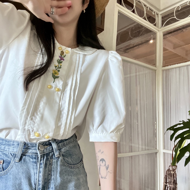 Áo Sơ Mi Tay Ngắn Cổ Búp Bê Thêu Họa Tiết Phong Cách Vintage Thời Trang Mùa Hè Cho Nữ