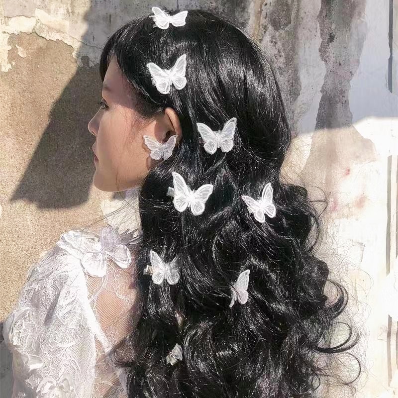 Kẹp tóc thêu họa tiết bướm ba chiều hai lớp phối ren tùy chọn màu sắc đơn giản cá tính