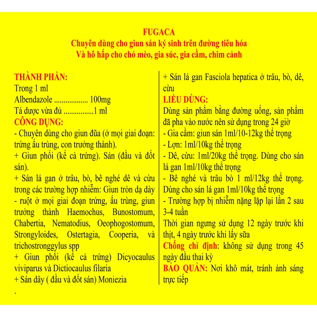 1 lọ FUGACA 100ml Chuyên dùng cho vật nuôi, gia súc, gia cầm, trâu bò, ngựa lợn, dê, cừu, chó, mèo, chim cảnh; Bát ăn