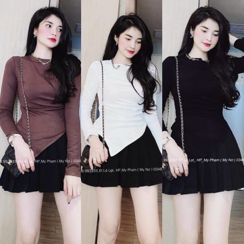 Áo thun dài tay cổ tròn nữ vạt chéo chất thun tăm hàng sẵn 3màu