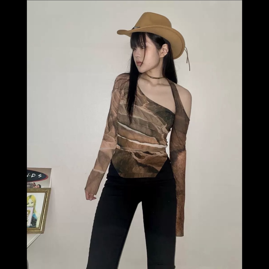 Áo phông dài tay ôm vừa vặn xuyên thấu gợi cảm retro thiết kế bất đối xứng độc đáo Unique SEI