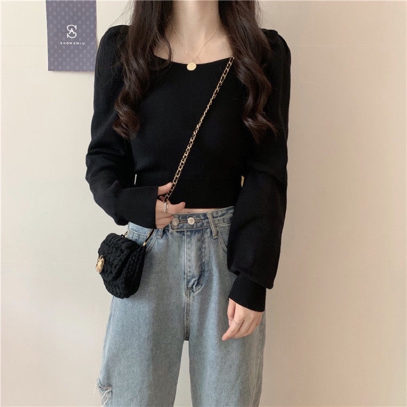 Áo croptop dài tay cổ thuyền trơn phong cách Hàn Quốc siêu xinh - CR21007