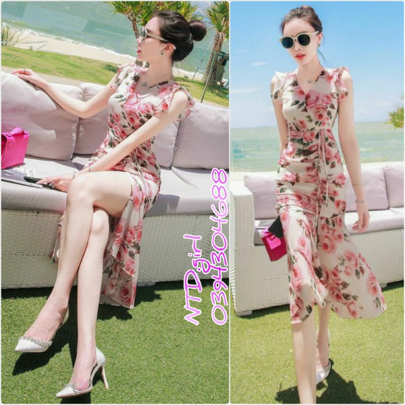 Hàng nhập - Đầm dáng ôm lụa in hoa hồng đuôi cá nhíu thun, váy body dự tiệc xẻ tà phối bèo xinh xắn