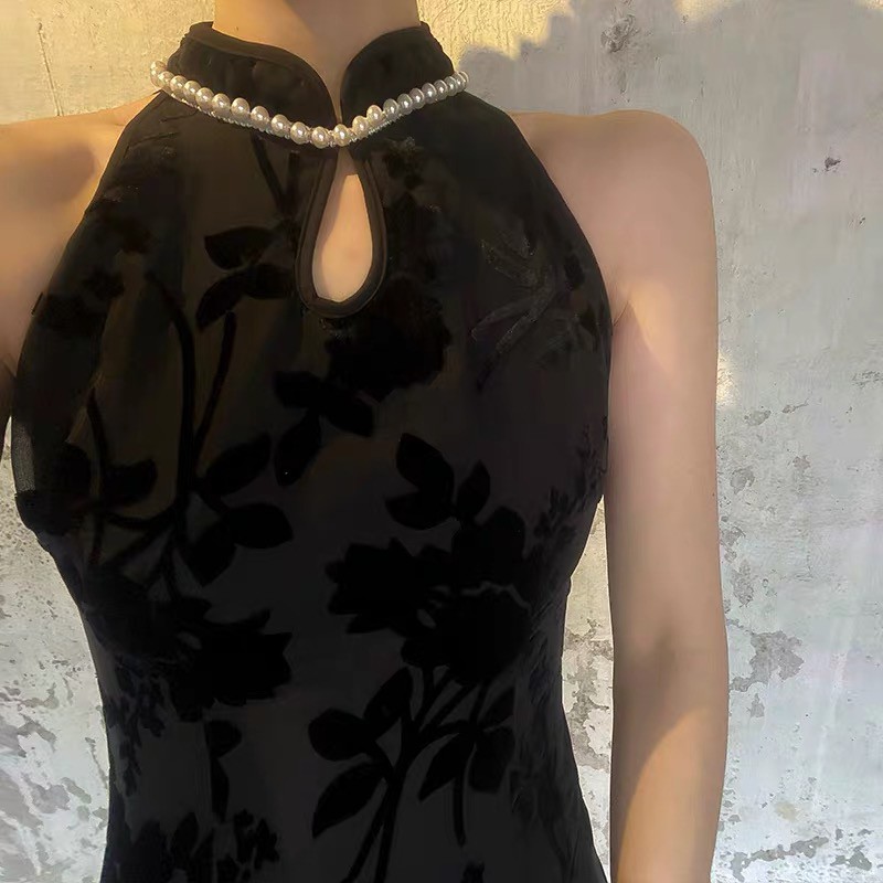 ♥️Đầm,Váy Sườn Xám Hoa Đen Cổ Yếm Đính NgọcSize S đến 2XL mimo dk