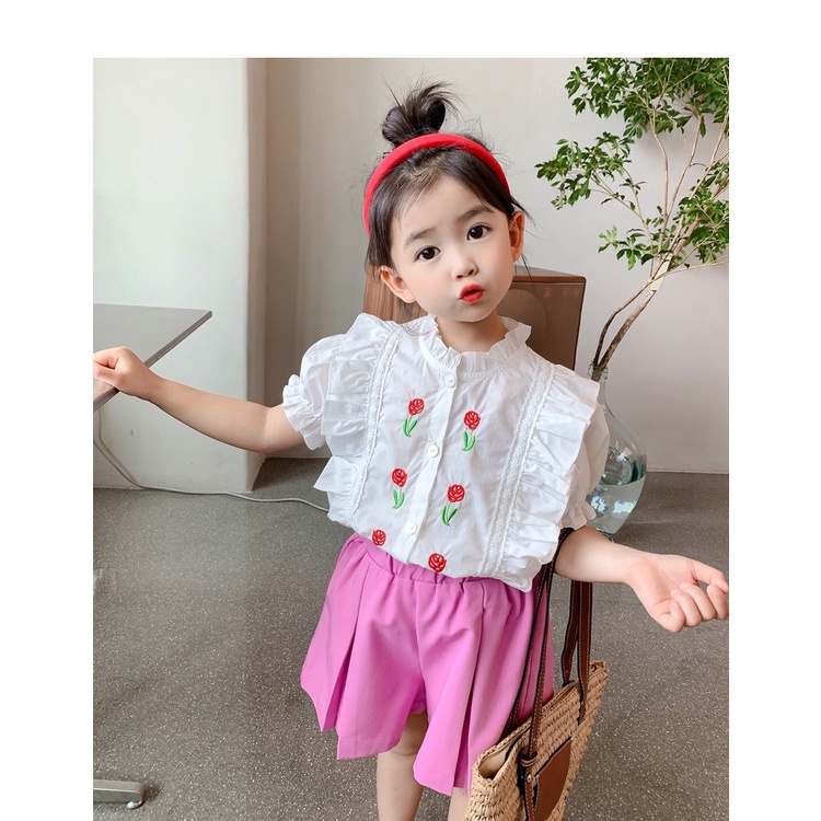 Set áo trắng bèo quần hồng bé gái