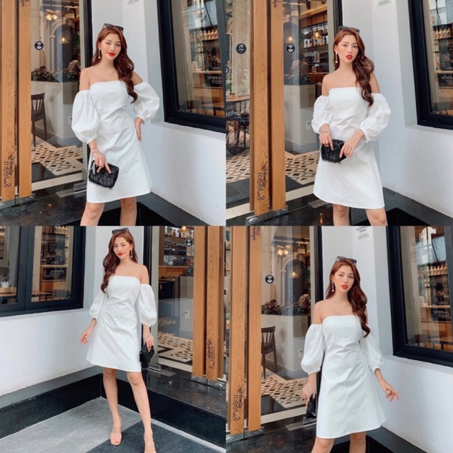 Đầm trắng kate tay lỡ trễ vai