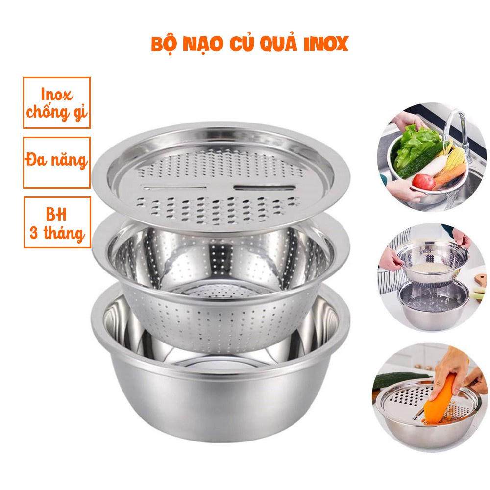 BỘ NẠO INOX 304, bộ nạo rau củ quả ,bộ rổ inox 3 chức năng kèm nạo rau củ tiện dụng