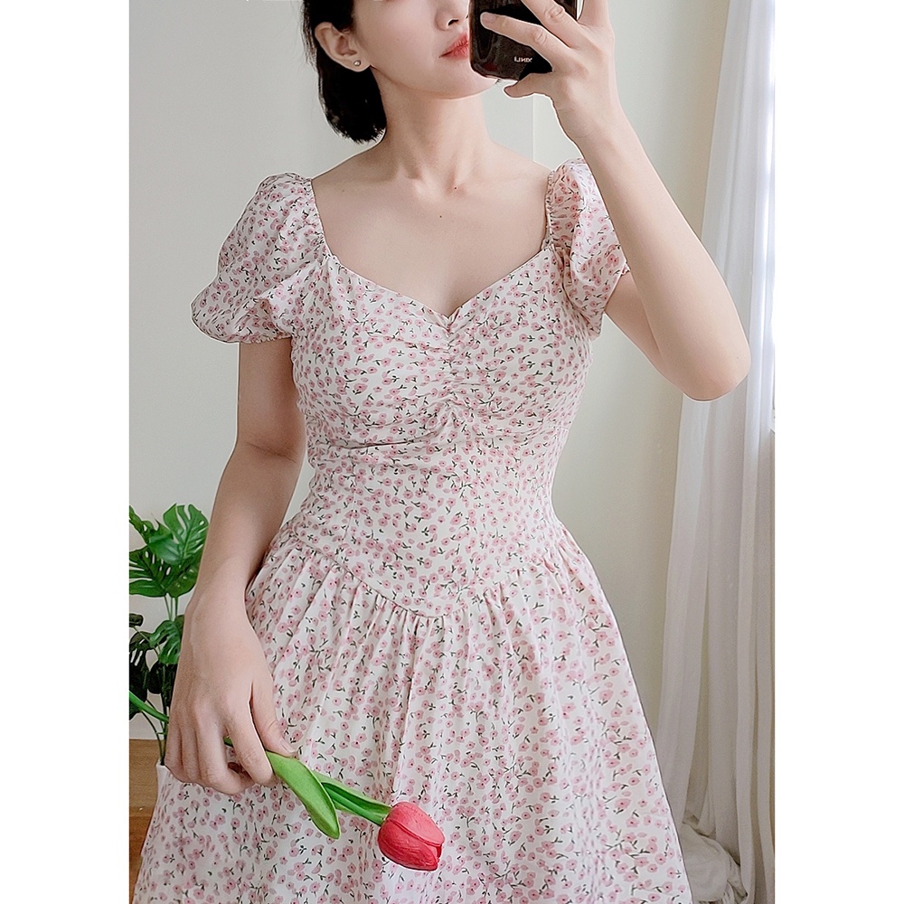 Đầm xoè hoa nhí dễ thương tay phồng hot trend RD009