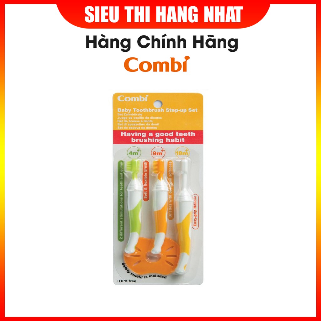 Bàn chải đánh răng cho bé Combi cho bé từ 4 tháng tuổi, chất liệu mềm mại an toàn cho bé, có tấm chắn bảo vệ