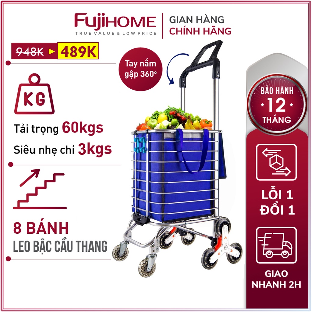 Xe kéo đi chợ leo cầu thang 8 bánh Nhật Bản Nhập Khẩu 60kg, xe đẩy hàng đi chợ gấp gọn có giỏ túi đa năng inox mini